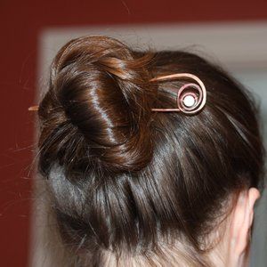 Hair Fork, Beaded Hair Pin, Hammered Swirl Hair Fork, White Beaded Hair Stick